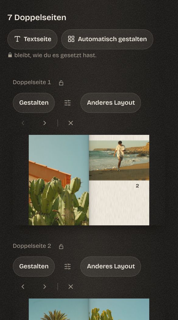 Calima: Fotoauswahl als gestaltete Doppelseiten mit Layout- und Gestaltungsfunktionen